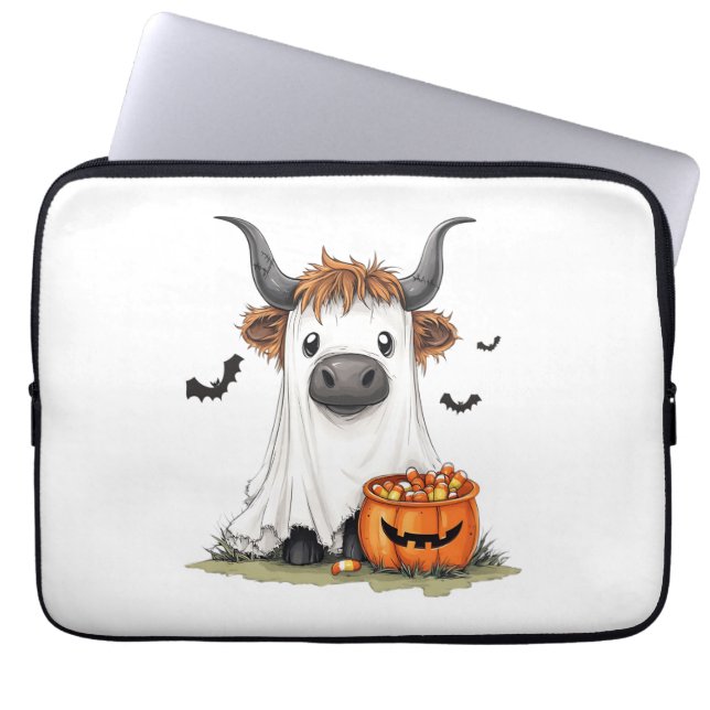 Halloween Ghost Highland Cow PNG Laptop Sleeve (Front)