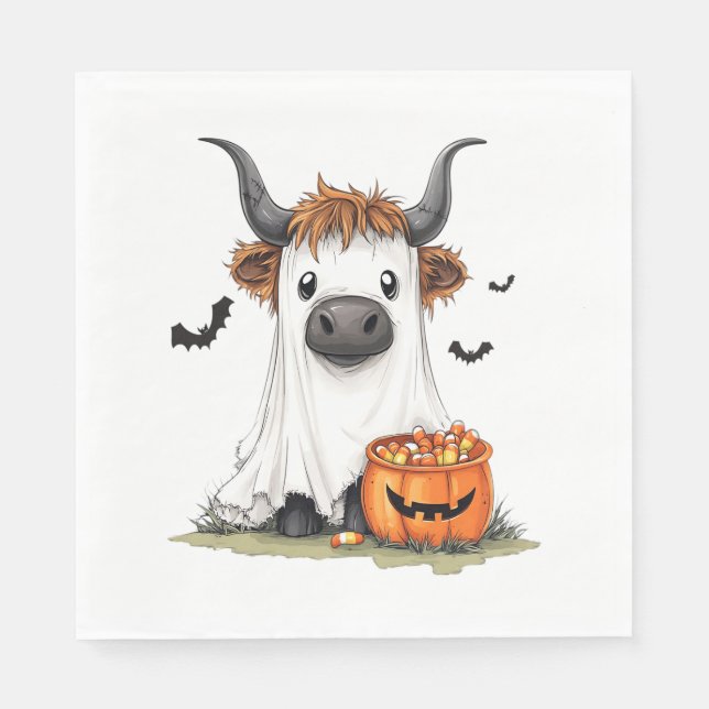Halloween Ghost Highland Cow PNG Napkin (Front)