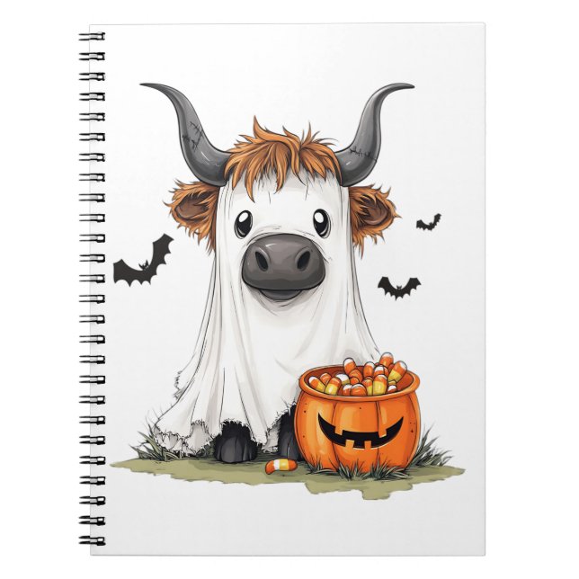 Halloween Ghost Highland Cow PNG Notebook (Front)