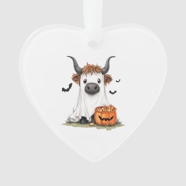 Halloween Ghost Highland Cow PNG Ornament (Front)