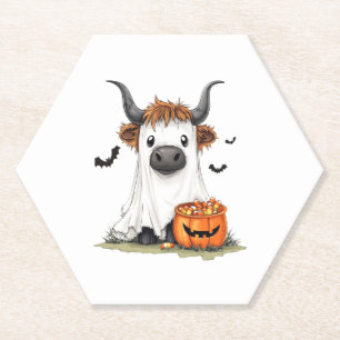 Halloween Ghost Highland Cow PNG Paper Coaster