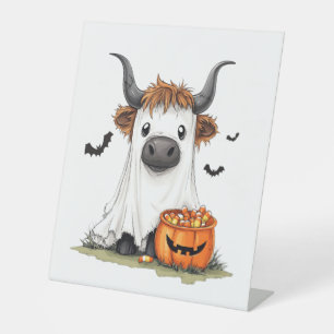 Halloween Ghost Highland Cow PNG Pedestal Sign