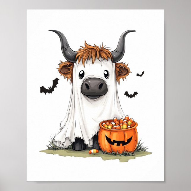 Halloween Ghost Highland Cow PNG Poster (Front)