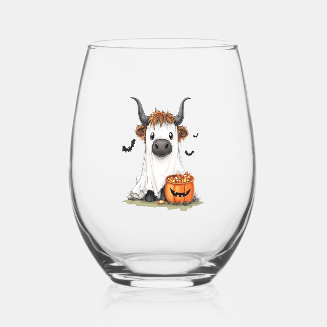 Halloween Ghost Highland Cow PNG Stemless Wine Glass (Front)