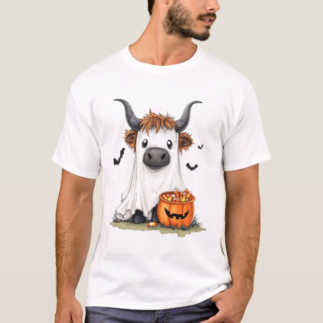 Halloween Ghost Highland Cow PNG T-Shirt (Front)