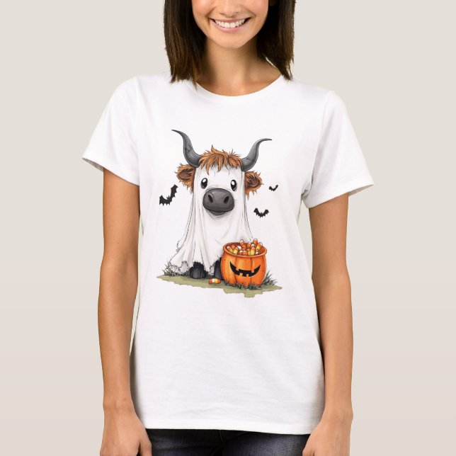 Halloween Ghost Highland Cow PNG T-Shirt (Front)