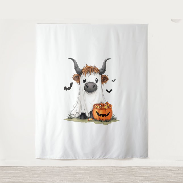 Halloween Ghost Highland Cow PNG Tapestry (Front)