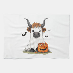 Halloween Ghost Highland Cow PNG Tea Towel