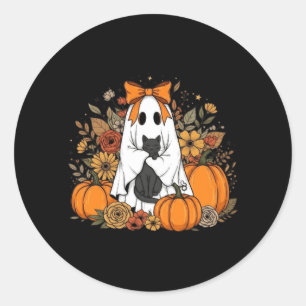 Halloween Ghost Holding Black Cat Groovy Floral Classic Round Sticker