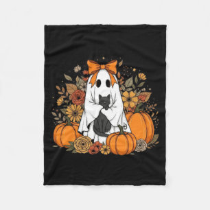 Halloween Ghost Holding Black Cat Groovy Floral Fleece Blanket