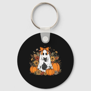 Halloween Ghost Holding Black Cat Groovy Floral Key Ring
