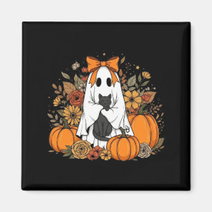 Halloween Ghost Holding Black Cat Groovy Floral Magnet