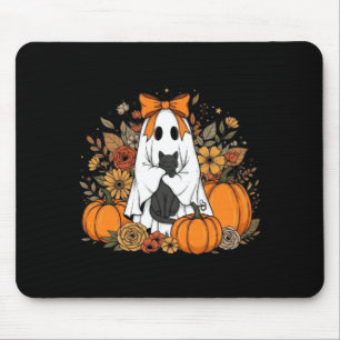 Halloween Ghost Holding Black Cat Groovy Floral Mouse Mat