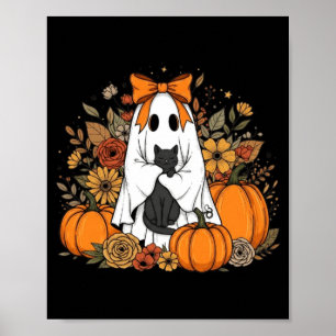 Halloween Ghost Holding Black Cat Groovy Floral Poster
