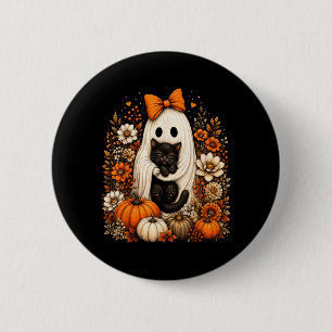 Halloween Ghost Holding Black Cat Pumpkin Floral 6 Cm Round Badge