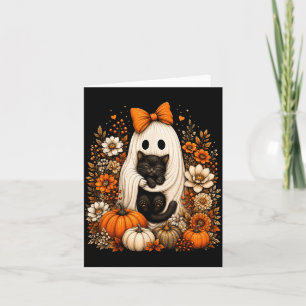 Halloween Ghost Holding Black Cat Pumpkin Floral Card