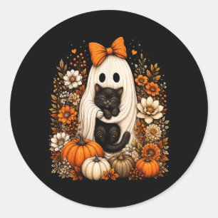 Halloween Ghost Holding Black Cat Pumpkin Floral Classic Round Sticker