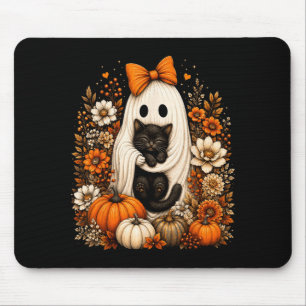 Halloween Ghost Holding Black Cat Pumpkin Floral Mouse Mat