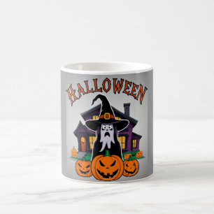 Halloween ghost house, pumpkins, witch, bats coffee mug