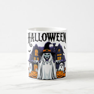 Halloween ghost house, pumpkins, witch, bats  coffee mug