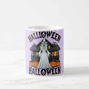 Halloween ghost house, pumpkins, witch, bats  coffee mug
