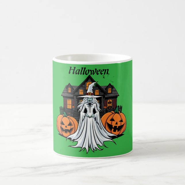 Halloween ghost house, pumpkins, witch, bats  coffee mug (Center)