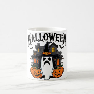 Halloween ghost house, pumpkins, witch, bats coffee mug