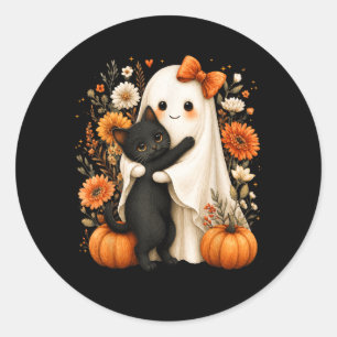 Halloween Ghost Hugging Black Cat Pumpkin Floral Classic Round Sticker