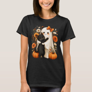 Halloween Ghost Hugging Black Cat Pumpkin Floral T-Shirt