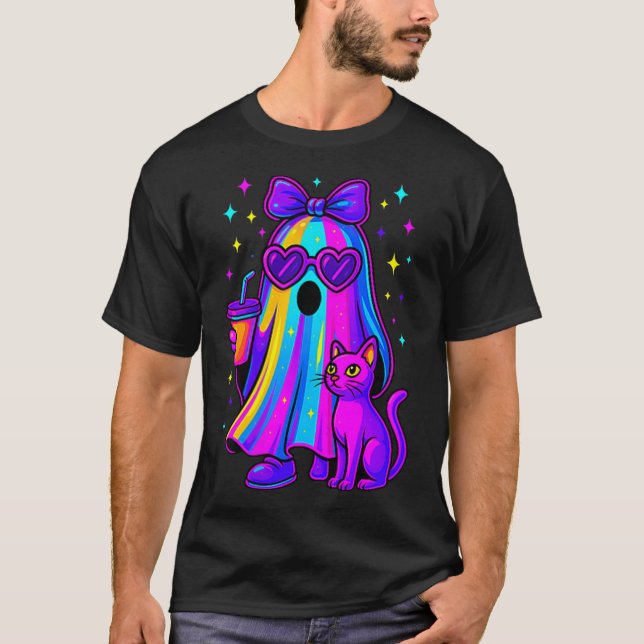 Halloween Ghost Ice Coffee Cat Girl Pastel  T-Shirt (Front)