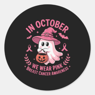 Halloween Ghost In October We Wear Nk Breast Cance Classic Round Sticker