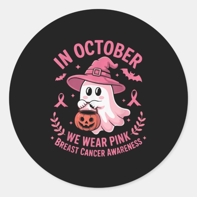 Halloween Ghost In October We Wear Nk Breast Cance Classic Round Sticker (Front)