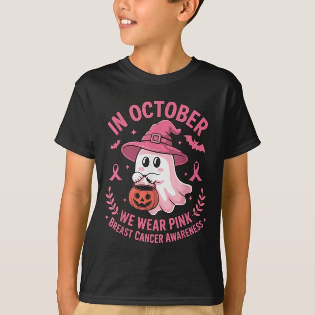 Halloween Ghost In October We Wear Nk Breast Cance T-Shirt (Front)