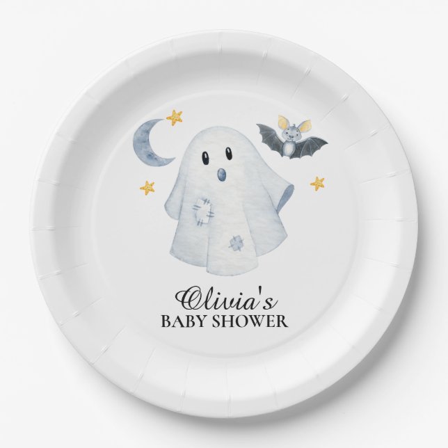Halloween Ghost Little Boo Baby Shower Paper Plate (Front)