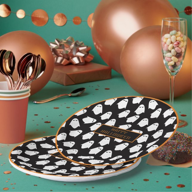 Halloween Ghost Monogram Spooky Black White Fun Paper Plate (Multi)