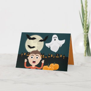 Halloween Ghost Moon Bats Illustration Card