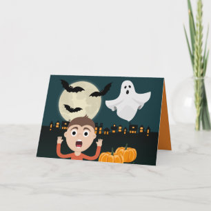 Halloween Ghost Moon Bats Illustration Card