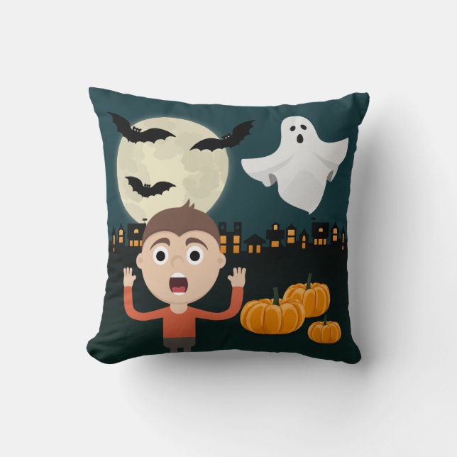 Halloween Ghost Moon Bats Illustration Pillow (Front)