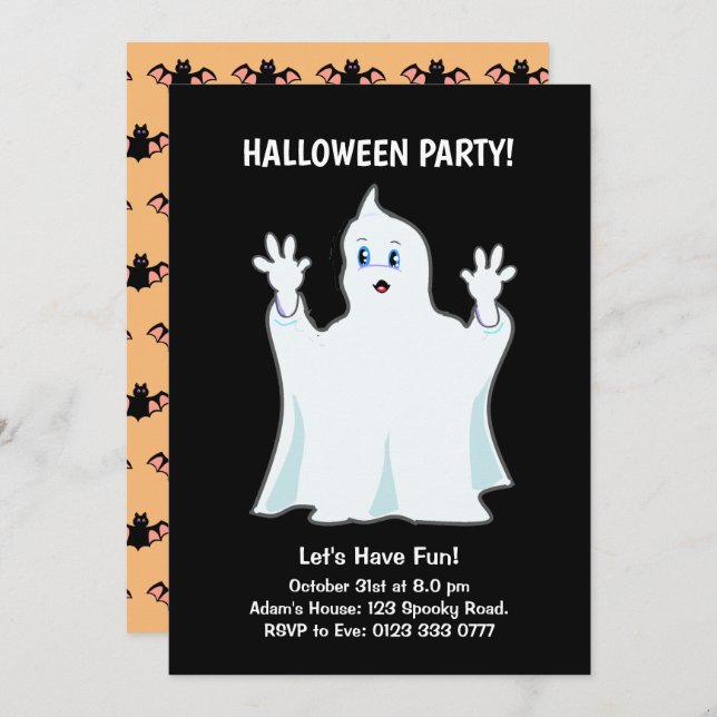 Halloween Ghost on Black Invitation (Front/Back)
