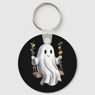 Halloween Ghost On Swing Autumn Flowers Cute Key Ring
