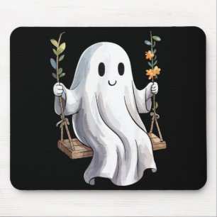 Halloween Ghost On Swing Autumn Flowers Cute Mouse Mat