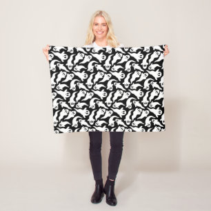 Halloween Ghost Pattern Black and White Fleece Blanket