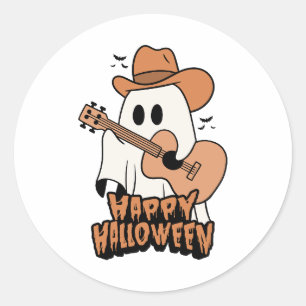 Halloween ghost playing guitar classic round sticker