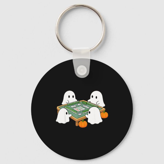 Halloween ghost playing mahjong spooky mahjong key ring (Front)