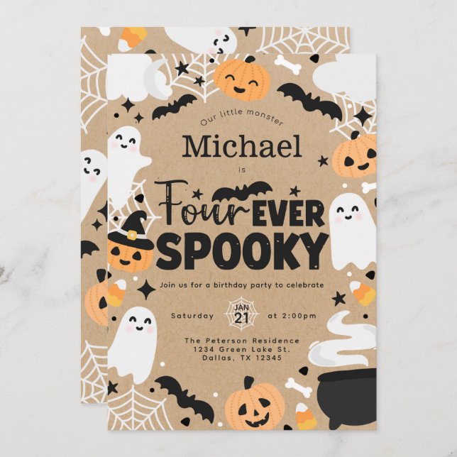 Halloween Ghost Pumpkin 4th Birthday Party Invitation (Front/Back)