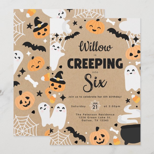 Halloween Ghost Pumpkin 6th Birthday Party Invitation (Front/Back)