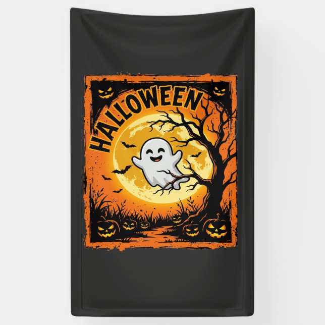 Halloween Ghost Pumpkin Haunted Tree Banner (Vertical)