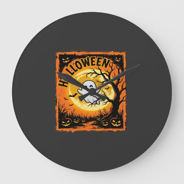 Halloween Ghost Pumpkin Haunted Tree Large Clock (Front)