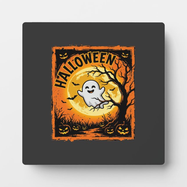 Halloween Ghost Pumpkin Haunted Tree Plaque (Front)