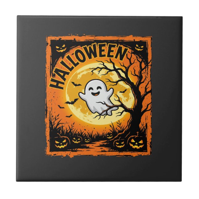 Halloween Ghost Pumpkin Haunted Tree Tile (Front)